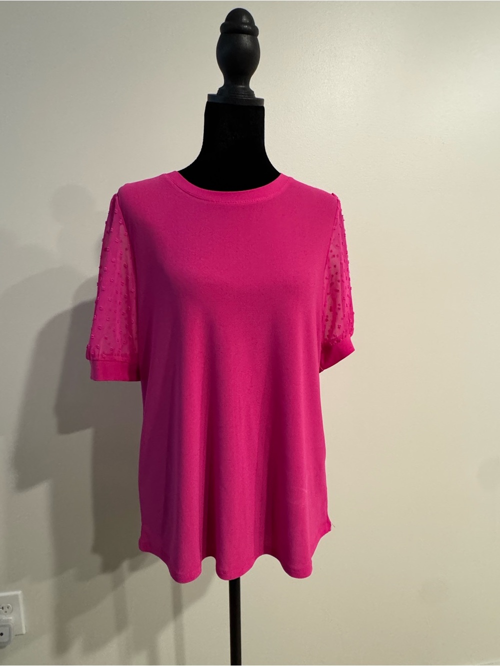 CeCe Fuchsia Short Sleeve Top with Sheer Dotted Sleeves